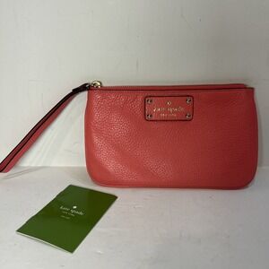 Kate Spade Coral Pink Saffiano Leather Zip Wristlet With Care Card